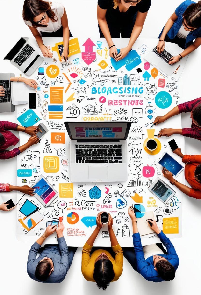 A vibrant collage showcasing a diverse group of bloggers using various devices to create content, with arrows and keywords symbolizing trends around them. Include elements like laptops, smartphones, notepads, and trending icons like hashtags and graphs. The background should be a lively blend of colors to depict creativity and innovation in blogging. super-realistic. vibrant colors. white background.